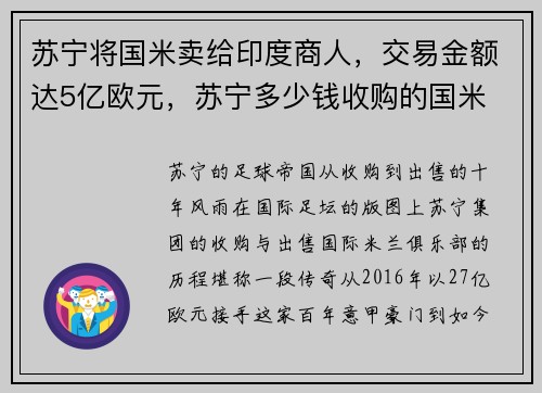 苏宁将国米卖给印度商人，交易金额达5亿欧元，苏宁多少钱收购的国米