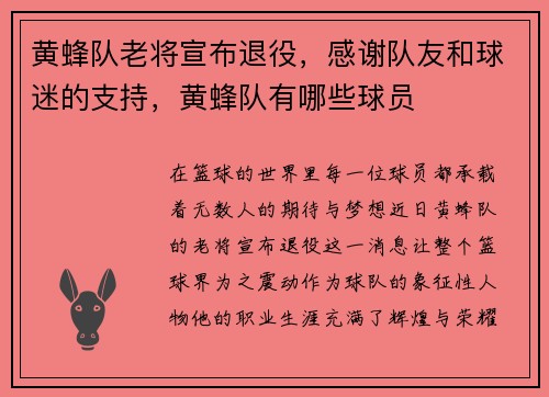 黄蜂队老将宣布退役，感谢队友和球迷的支持，黄蜂队有哪些球员