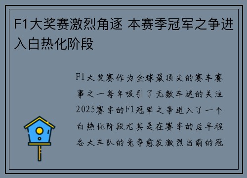 F1大奖赛激烈角逐 本赛季冠军之争进入白热化阶段